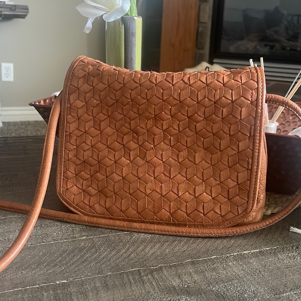 Anthropologie Woven Leather Crossbody Bag in Cognac